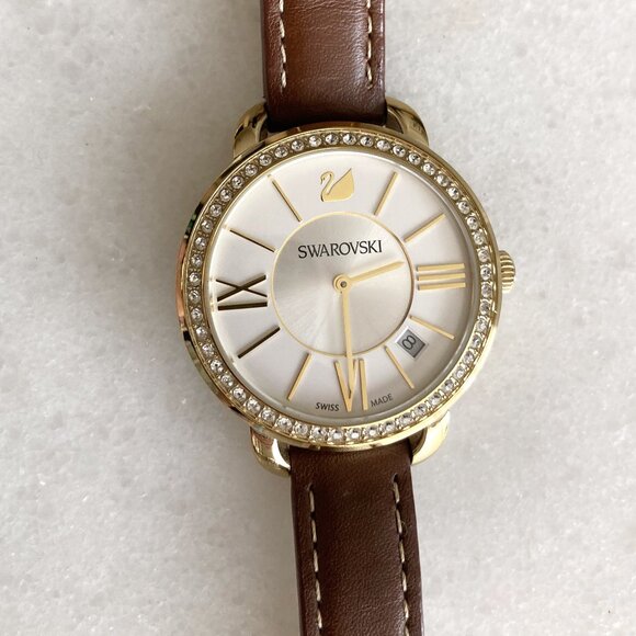 Swarovski Aila day watch, Swiss made, brown leather strap, crystals, gold tone - Picture 4 of 7